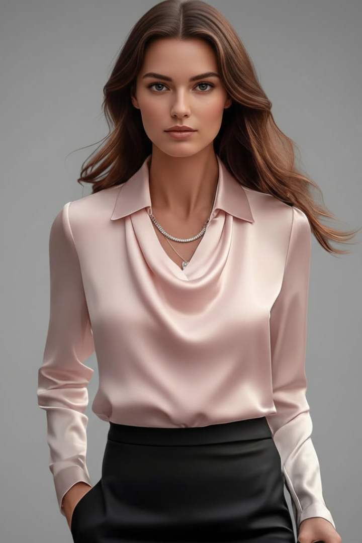 Clea | Mulher Blusa Cetim Colarinho Drapeado Manga Comprida