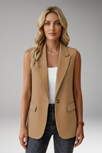 Mulher Blazer Sem Mangas Colarinho Entalhado com Bolsos