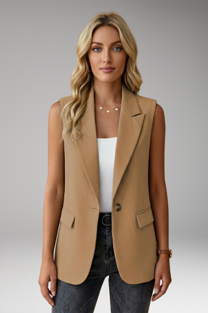 Mulher Blazer Sem Mangas Colarinho Entalhado com Bolsos