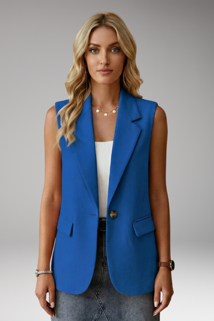 Mulher Blazer Sem Mangas Colarinho Entalhado com Bolsos