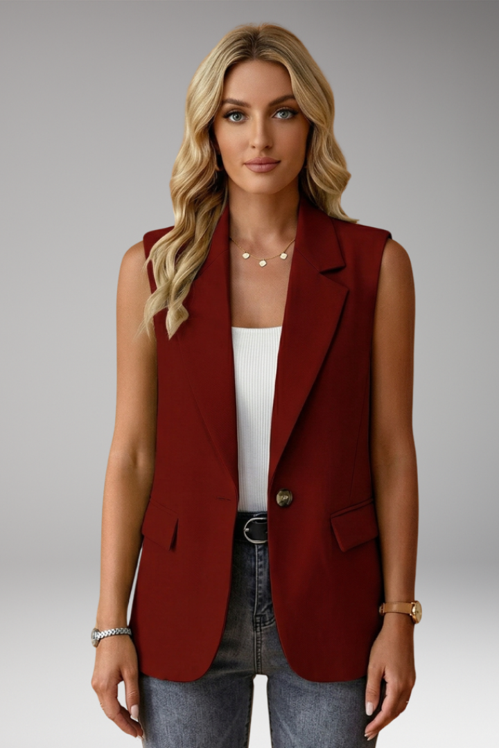 Mulher Blazer Sem Mangas Colarinho Entalhado com Bolsos