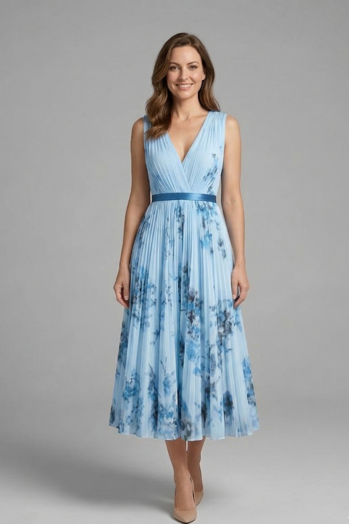 Wilhelmina | Vestido Feminino Sem Manga Decote V Plissado Midi