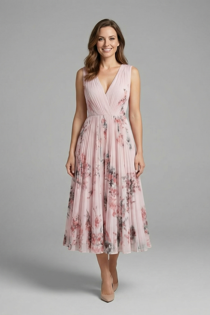 Wilhelmina | Vestido Feminino Sem Manga Decote V Plissado Midi