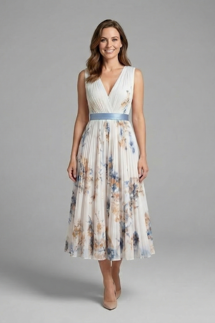 Wilhelmina | Vestido Feminino Sem Manga Decote V Plissado Midi