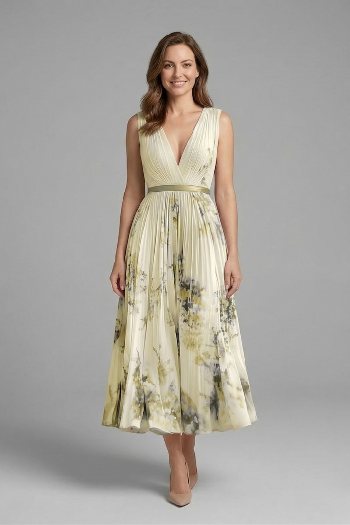 Wilhelmina | Vestido Feminino Sem Manga Decote V Plissado Midi