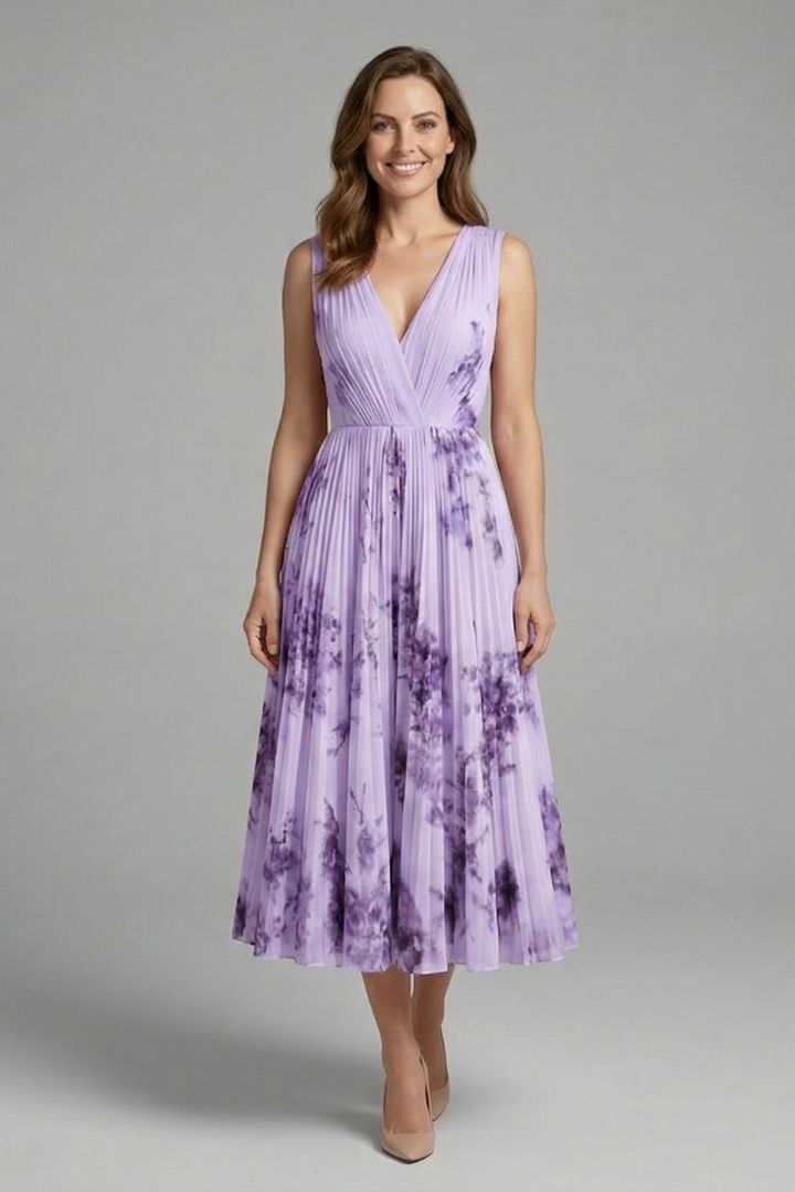 Wilhelmina | Vestido Feminino Sem Manga Decote V Plissado Midi