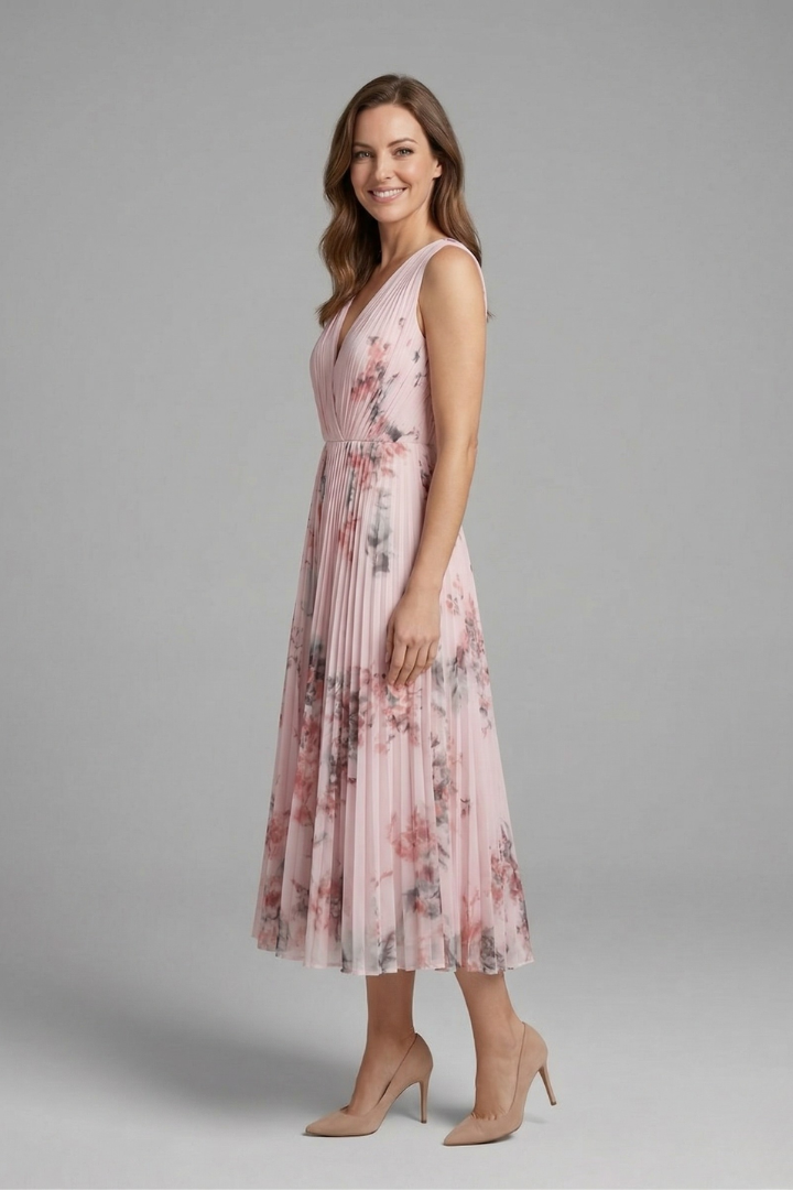 Wilhelmina | Vestido Feminino Sem Manga Decote V Plissado Midi