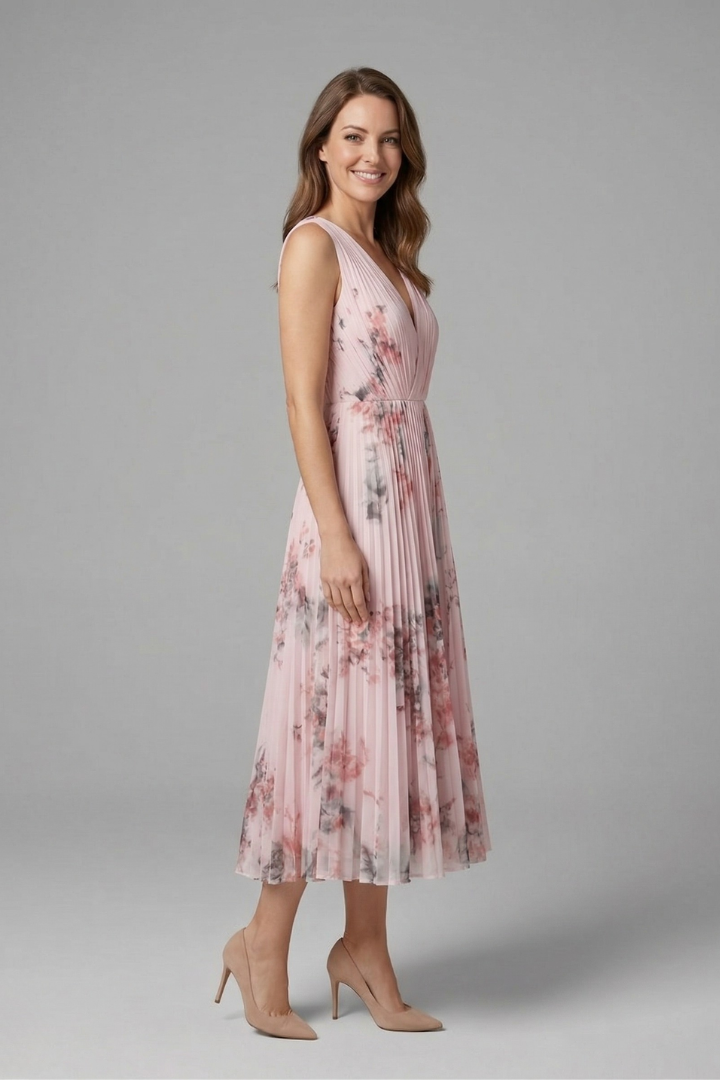 Wilhelmina | Vestido Feminino Sem Manga Decote V Plissado Midi