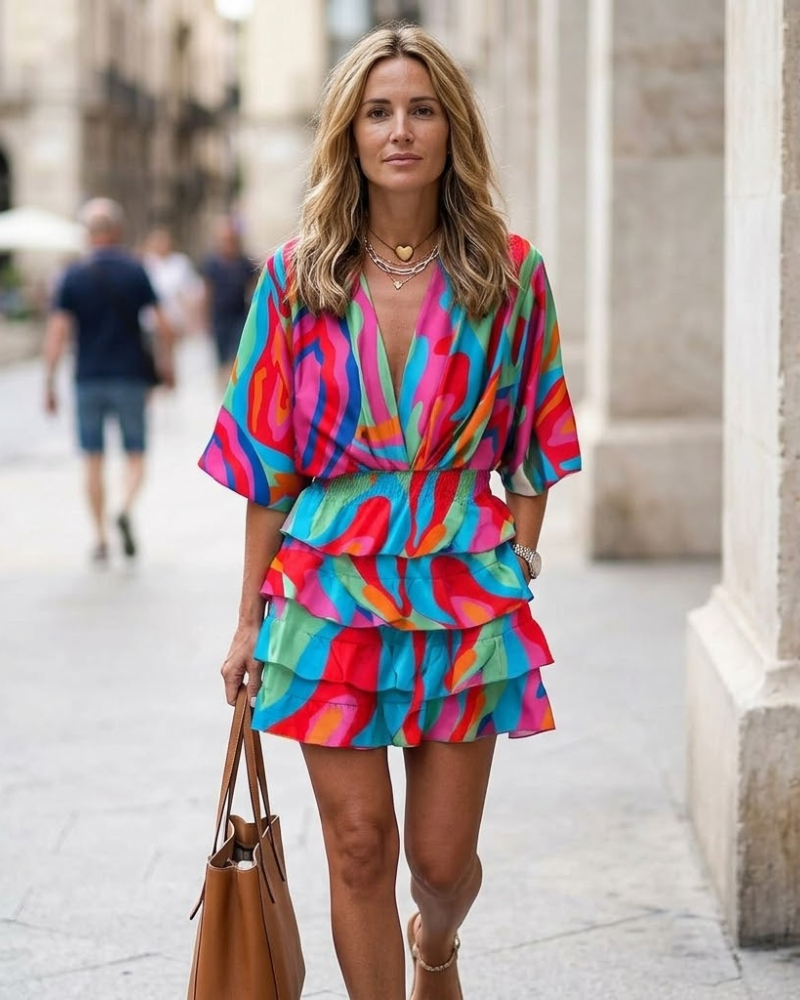 Vestido Feminino Midi Evasê Decote V Franzido