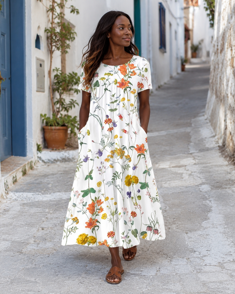 Romy | Vestido Floral Feminino Manga Curta Gola Redonda