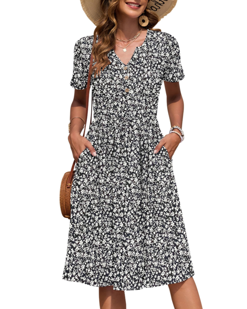 Vestido Midi para Mulher Verão | Decote em V, Cintura Império, Bolsos