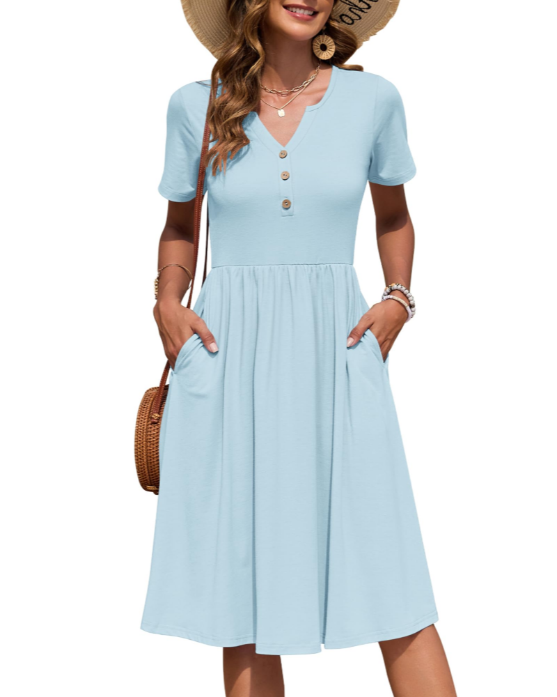 Vestido Midi para Mulher Verão | Decote em V, Cintura Império, Bolsos