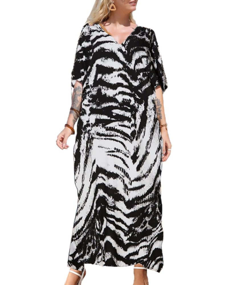 Kaia | Vestido Kaftan Feminino Longo Viscose Decote V Mangas Largas