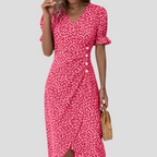 Talia | Vestido Midi Floral Feminino Decote V Mangas Bufantes