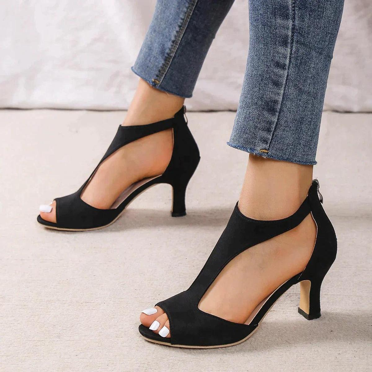 Cleo | Scarpin Feminino Bico Aberto Salto Alto Zíper Traseiro