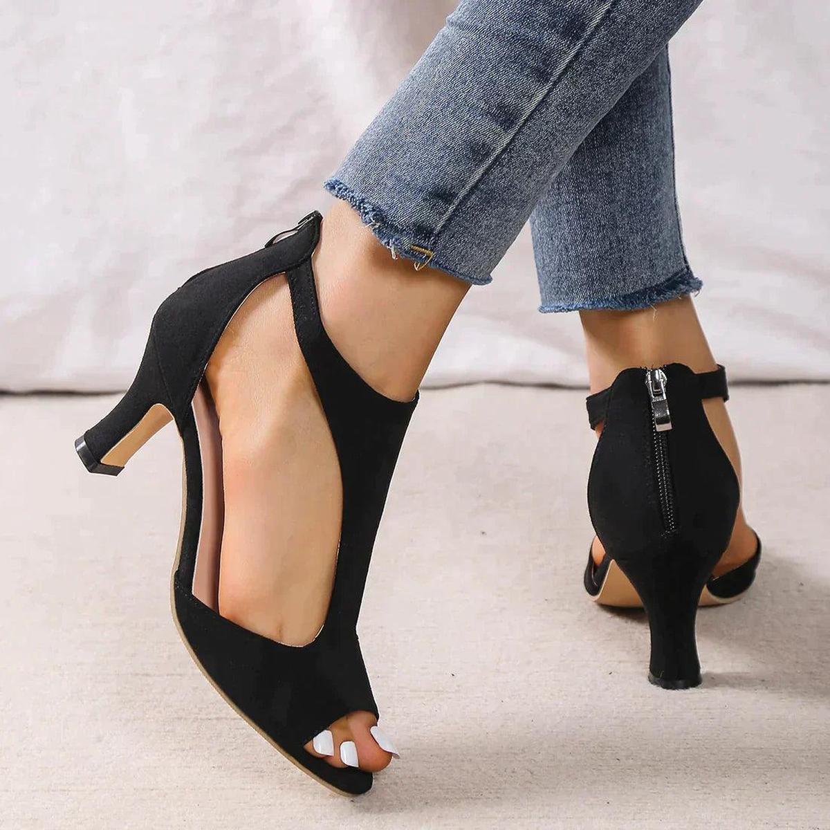 Cleo | Scarpin Feminino Bico Aberto Salto Alto Zíper Traseiro