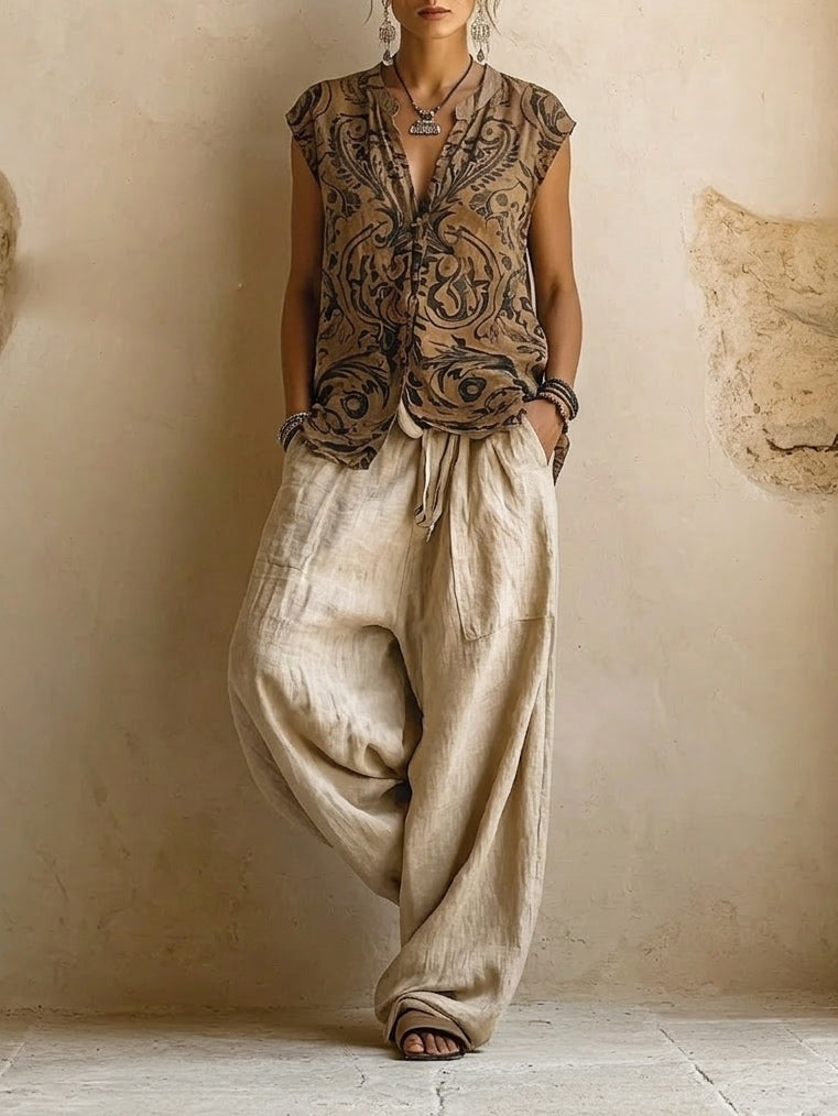 Lux | Conjunto 3 Peças Feminino Algodão Linho Calça Wide Leg