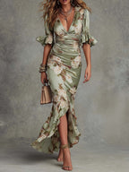 Vestido Longo Feminino Floral Decote em V