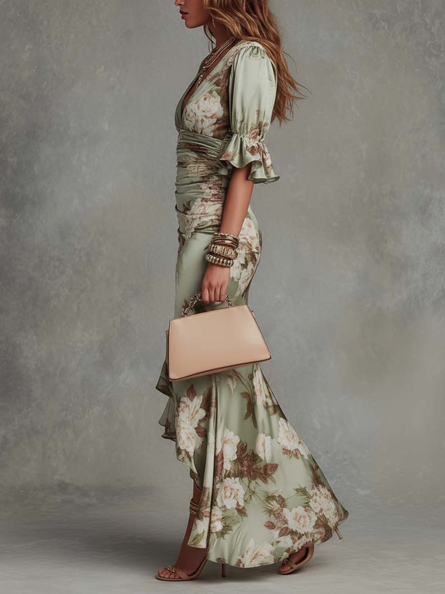 Vestido Longo Feminino Floral Decote em V
