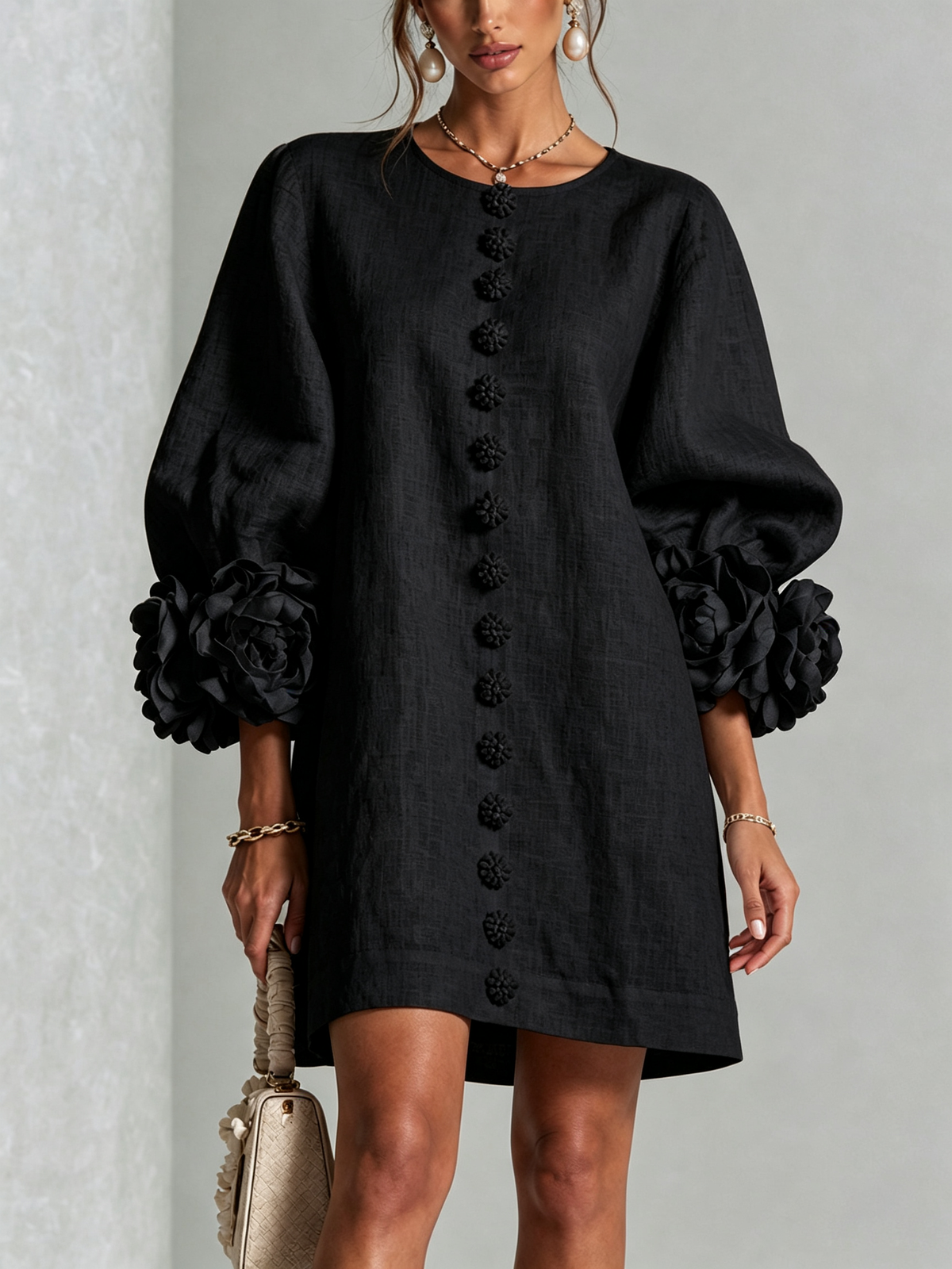 Mira | Vestido Feminino Linho Manga Bufante Mini Shift