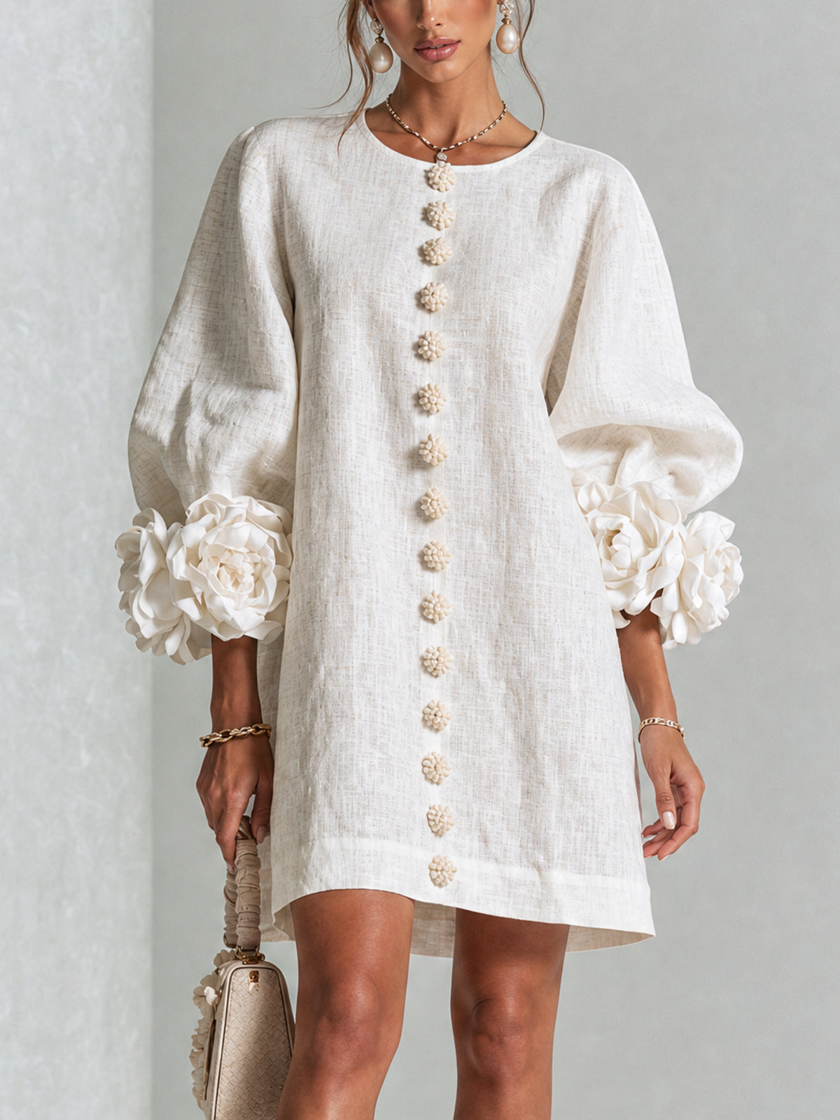 Mira | Vestido Feminino Linho Manga Bufante Mini Shift