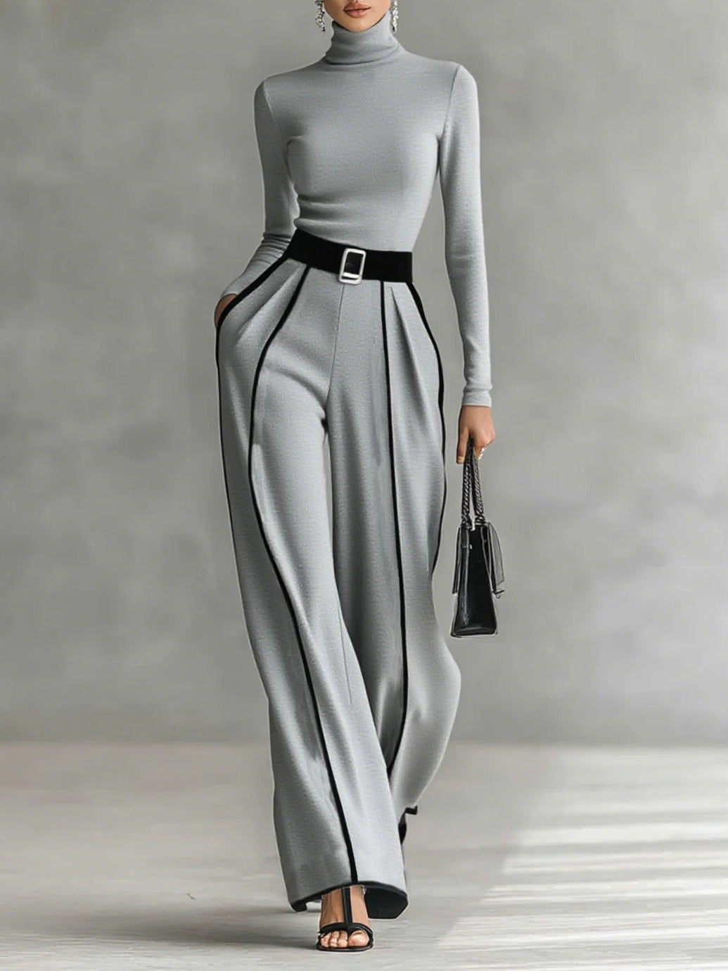 Conjunto feminino duas peças gola alta com calças perna larga em preto