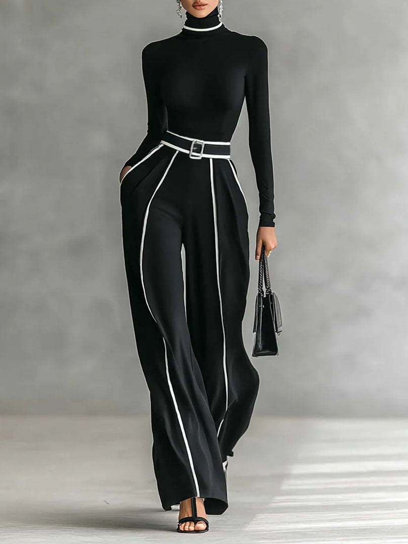 Conjunto feminino duas peças gola alta com calças perna larga em preto
