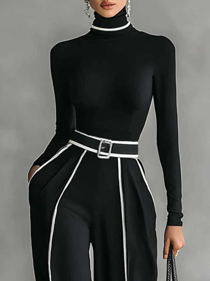 Conjunto feminino duas peças gola alta com calças perna larga em preto
