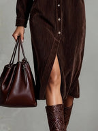 Clea | Vestido Midi Feminino Veludo Cotelê Bolsos no Peito