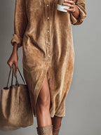 Clea | Vestido Midi Feminino Veludo Cotelê Bolsos no Peito