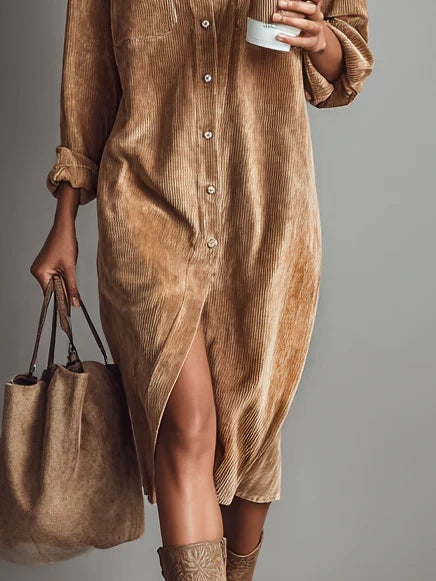 Clea | Vestido Midi Feminino Veludo Cotelê Bolsos no Peito