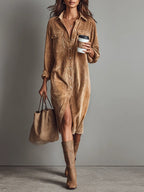 Clea | Vestido Midi Feminino Veludo Cotelê Bolsos no Peito