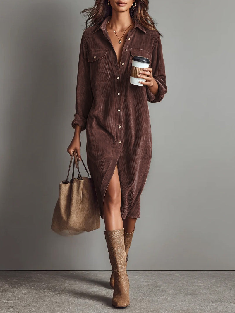 Clea | Vestido Midi Feminino Veludo Cotelê Bolsos no Peito