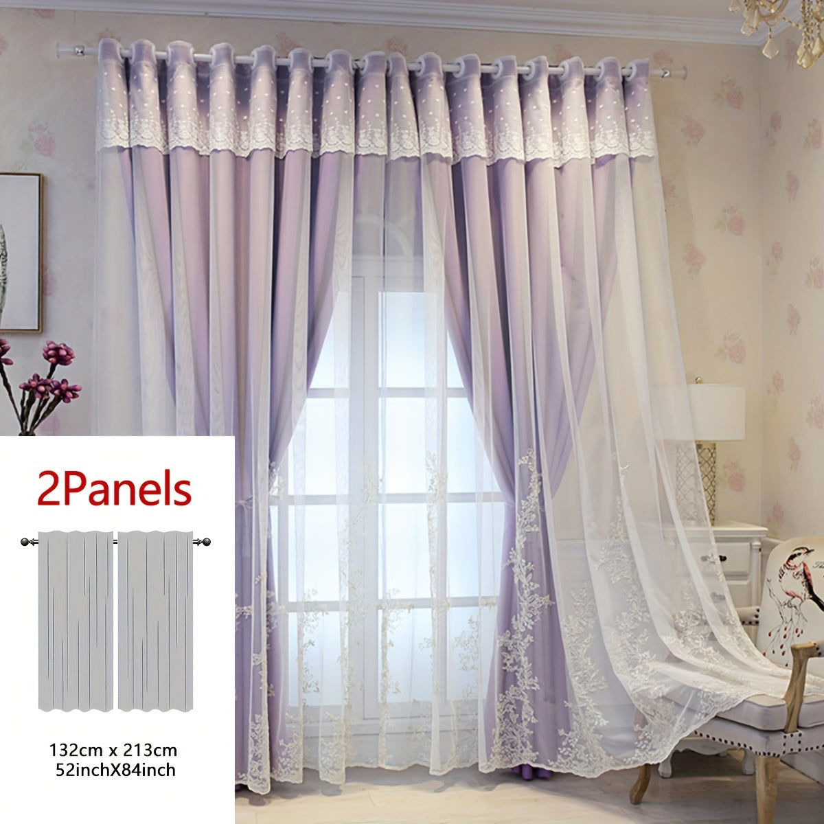 Reva | Cortinas Bordadas Fadas | Filtragem de Luz, Conjunto 2 Painéis | 100% Poliéster, Argolas