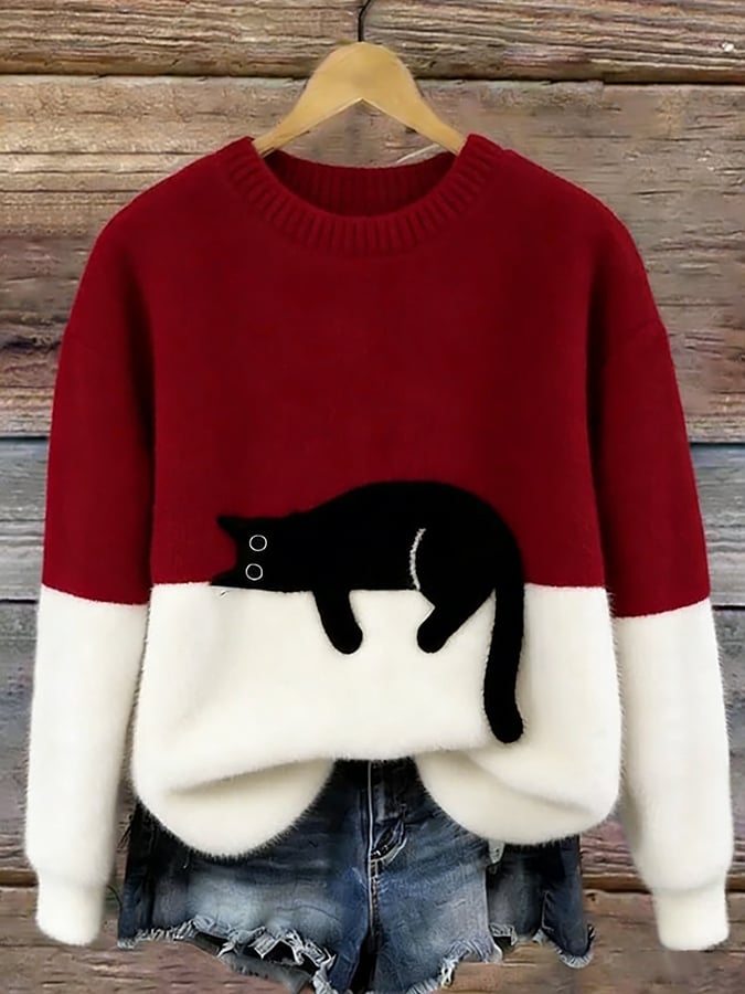 Wilhelmina | Camisola de Malha Color Block com Motivo de Gato