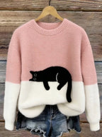 Wilhelmina | Camisola de Malha Color Block com Motivo de Gato