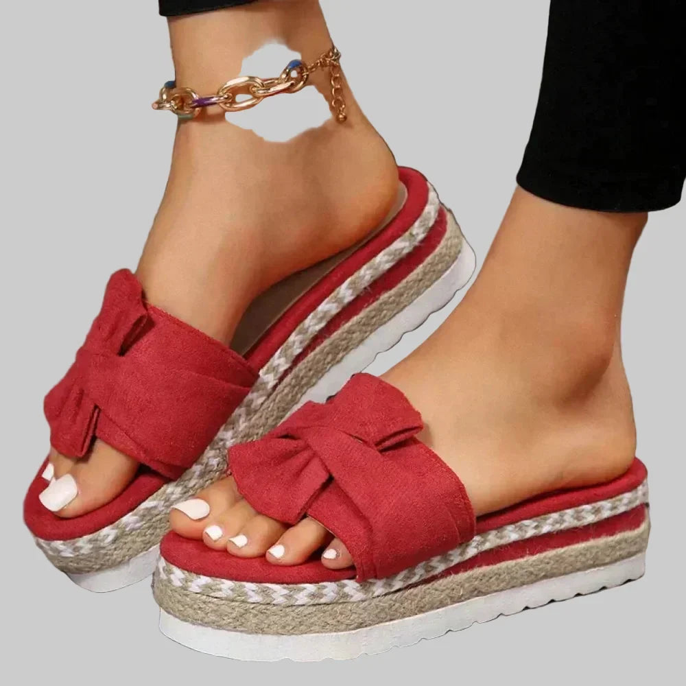 Reva | Sandálias Ortopédicas Femininas | Plataforma Cunha, Laço, Peep Toe | Conforto