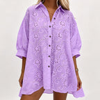 Vestido bordado com botões oversized feminino midi
