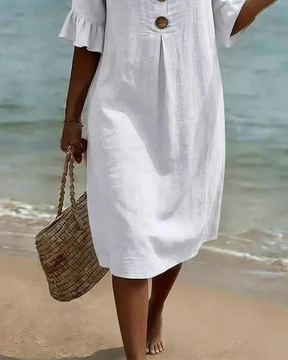 Vestido de Algodão e Linho para Mulher | Solto com Botões, Verão