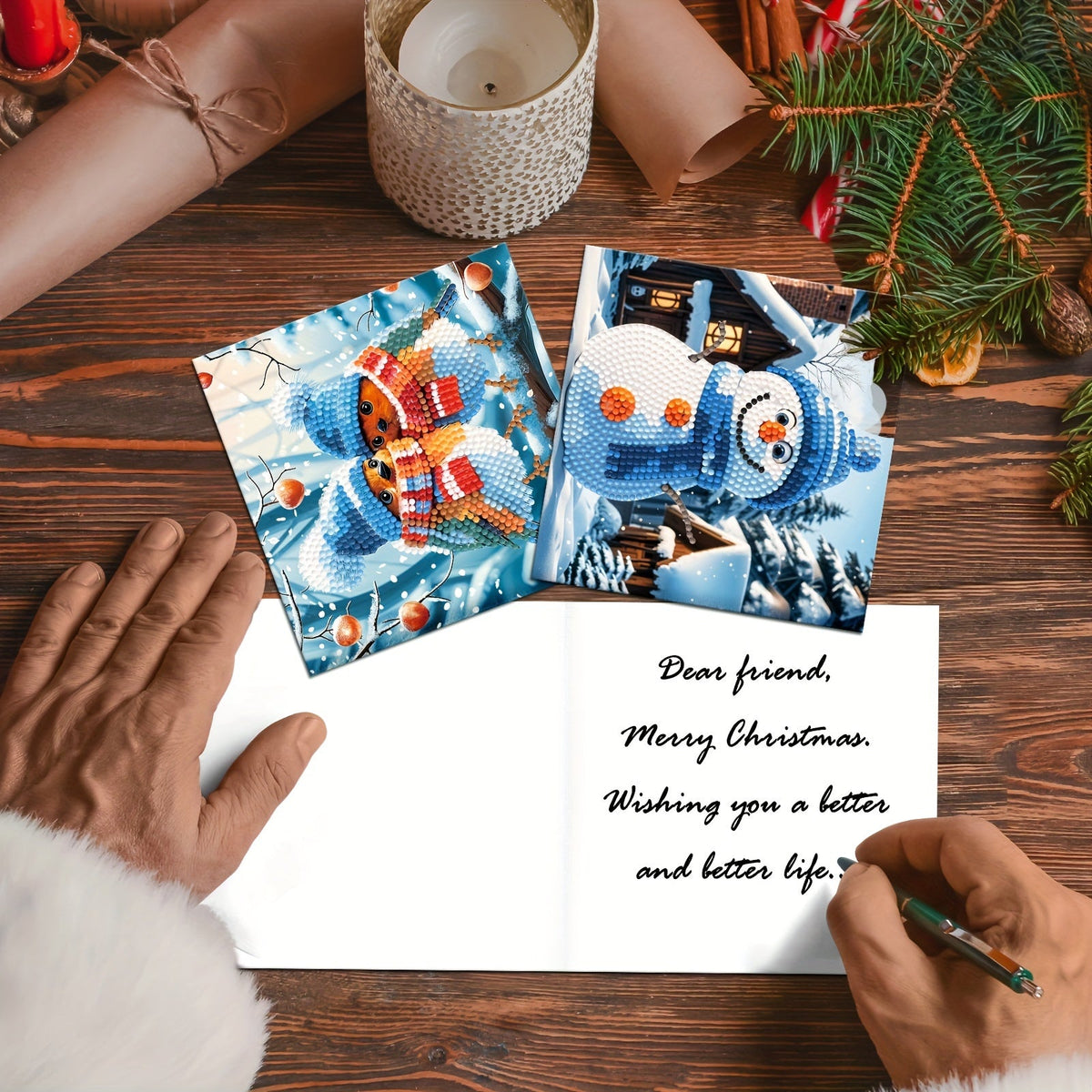 Linnea | Kit de Pintura Diamante DIY | 12 Cartões de Natal e Aniversário | Boneco de Neve e Rena