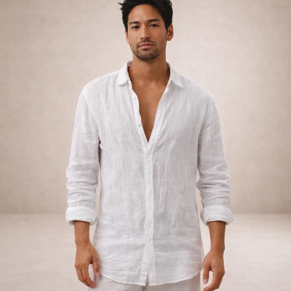 Camisa de Linho Homem | Ajuste Regular, Gola Aberta