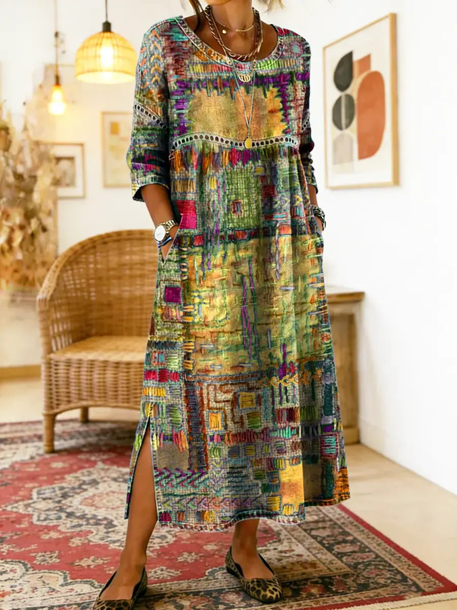 Lena | Vestido Jeans com Patchwork Étnico Feminino