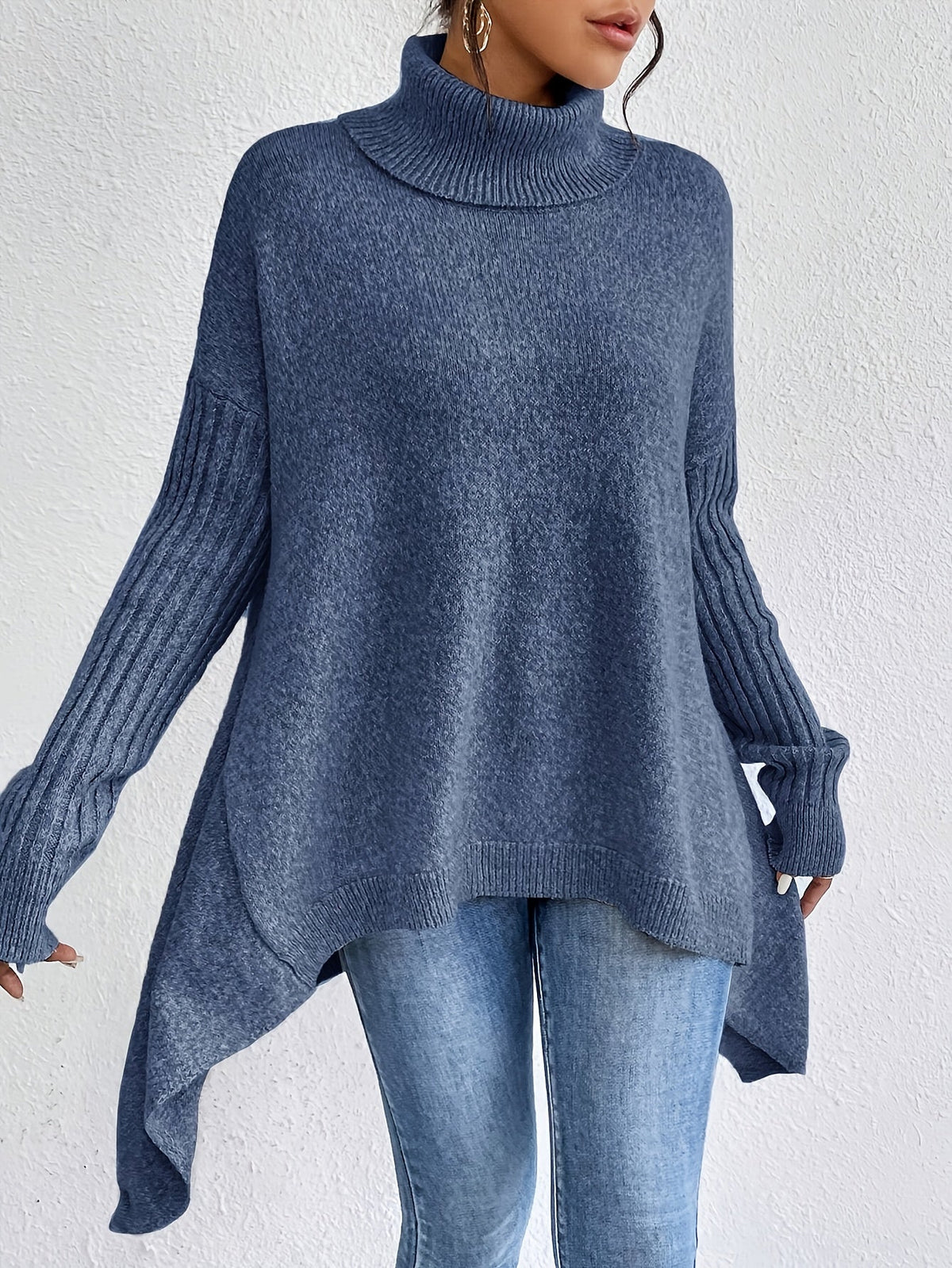 Mulher Camisola Tricot Gola Alta Assimétrica