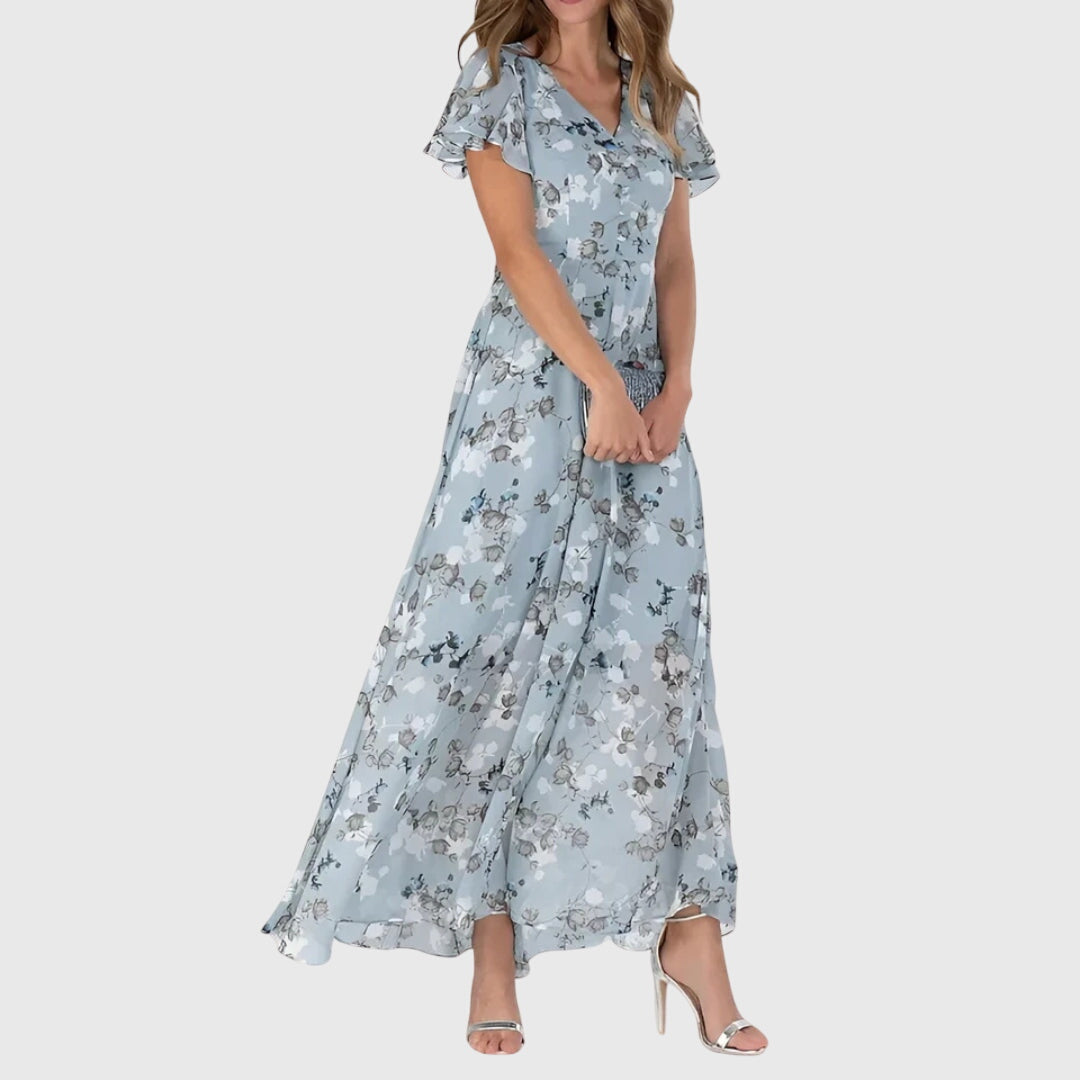 Kaia | Vestido Floral Maxi Decote V Manga Flutter