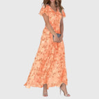 Kaia | Vestido Floral Maxi Decote V Manga Flutter