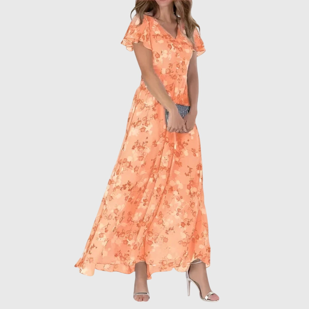Kaia | Vestido Floral Maxi Decote V Manga Flutter