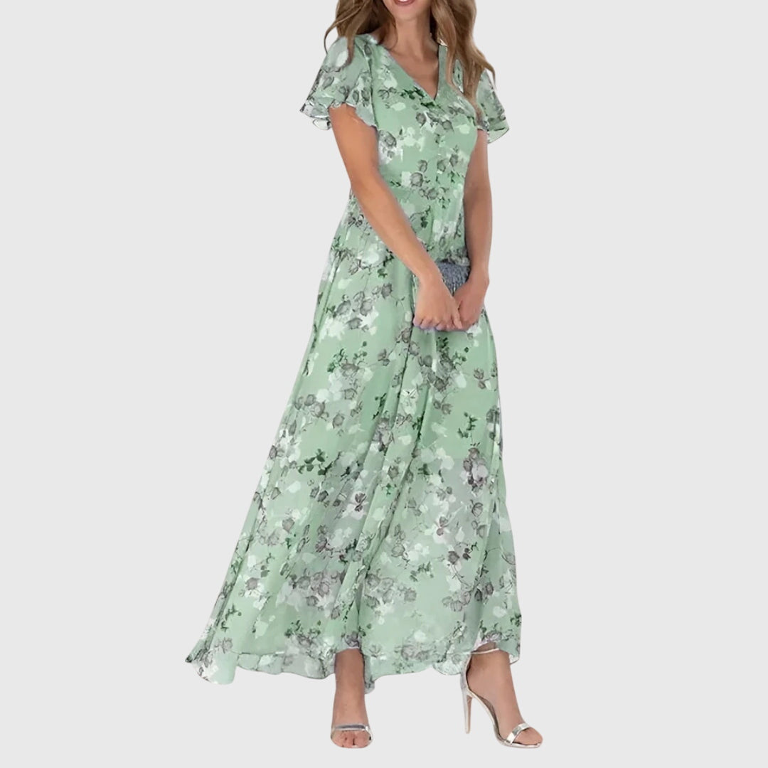 Kaia | Vestido Floral Maxi Decote V Manga Flutter