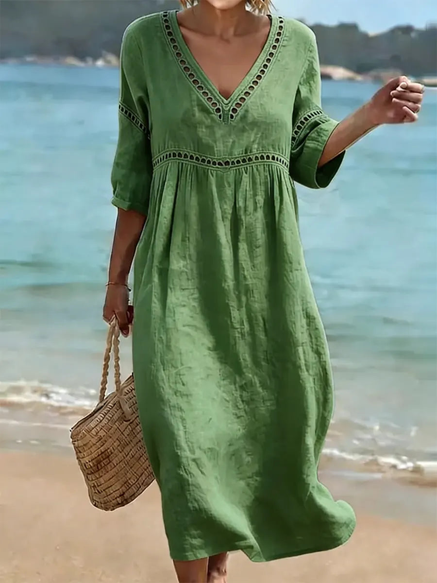 Nina | Vestido Feminino Decote V Manga Curta com Bolsos