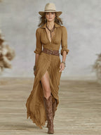 Vestido Longo Cinto Lapelas Franzidas