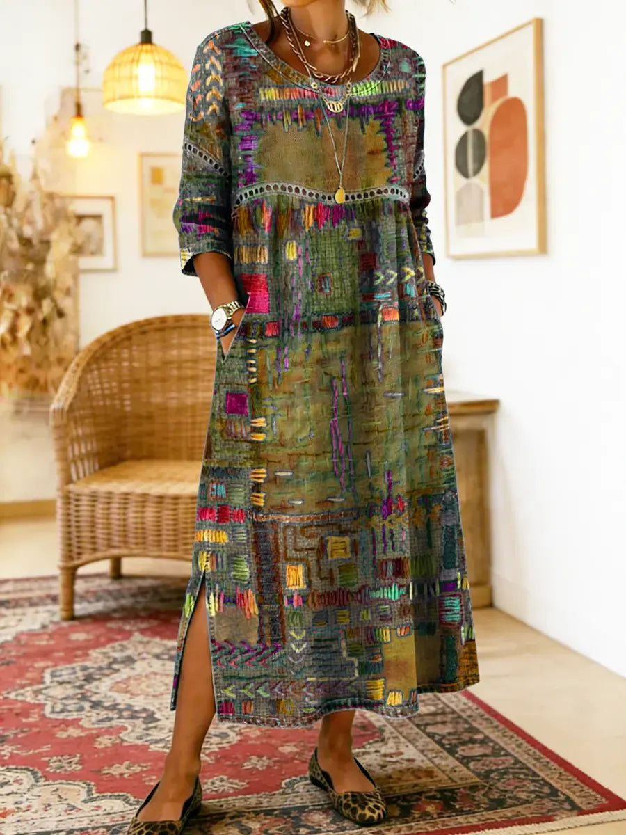 Lena | Vestido Jeans com Patchwork Étnico Feminino